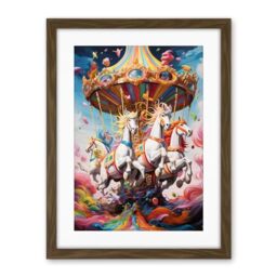 Artery8 Magical Carousel in Rainbow Clouds Bright Bold Vibrant Fantasy Kids Bedroom Baby Nursery Artwork Framed Wall Art Print 18X24 Inch