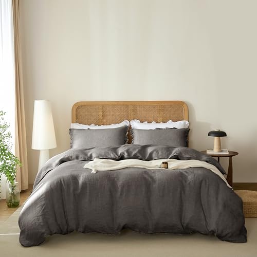 Talasily 100% French Linen Duvet Cover Set 2pc - Zipper Closure & 8 Corner Ties with Ruffled Pillowcases All-Season Breathable Bedding (Twin,Dark Grey)