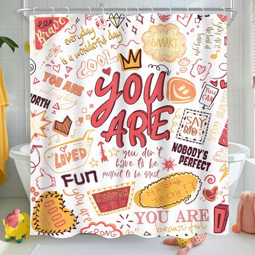 AMBZEK Burnt Orange Kids Quotes Shower Curtain 60Wx72L Inch Funny Inspirational Teens You are Motivational Abstract Artwork Cloth Fabric Waterproof Polyester Bathroom Decor Set with 12 Pack Hook