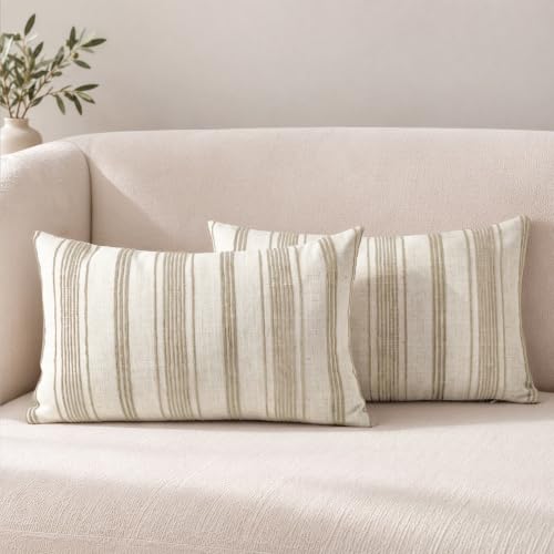 AELS 12x20 Decorative Farmhouse Linen Lumbar Pillow Covers, Beige with Brown Chenille Striped Pillow Case, Set of 2, Boho Textured Cushion Cover for Sofa Couch Living Room (Cover ONLY)