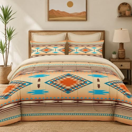 Pamnest Comforter Set Queen Size, Southwest Western Geometric 7 Pcs Bedding Set for Kids and Adults, Mexico Stripe Turquoise Bed Sheet Sets with Fitted Sheet 2 Pillowcases & 2 Shams