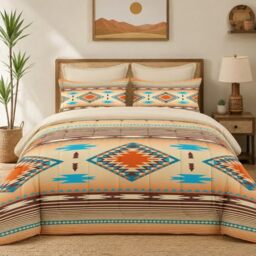 Pamnest Comforter Set Queen Size, Southwest Western Geometric 7 Pcs Bedding Set for Kids and Adults, Mexico Stripe Turquoise Bed Sheet Sets with Fitted Sheet 2 Pillowcases & 2 Shams