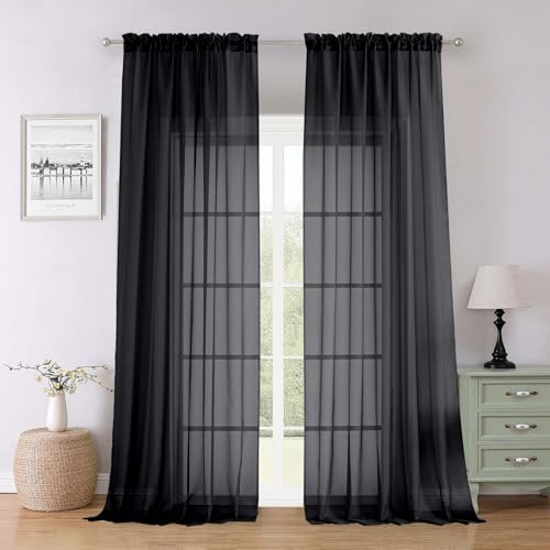 "Lecloud Black Sheer Curtains 96 Inches Long 2 Panels, Solid Airy Voile Dual Rod Pocket Sheer Curtains, Light Filtering Privacy Window Curtain Drapes for Living Room Bedroom Balcony, 59"" W x 96"" L"