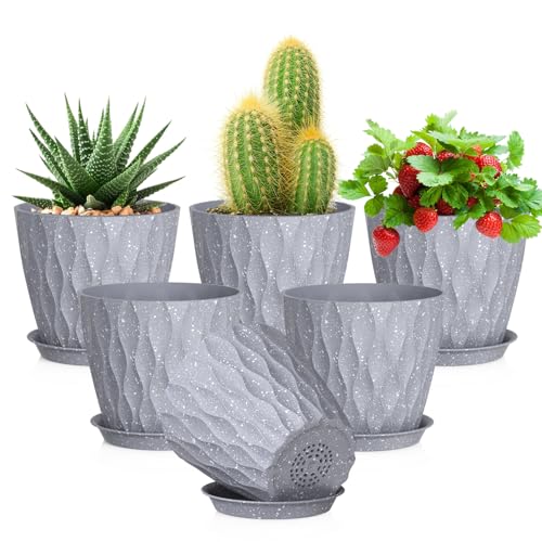 Meowell 5 inch Plant Pots for Indoor Outdoor Plants, 6 Pack Thick Nursery Pots with Drainage Holes and Saucers, 3D Modern Wave Texture Small Plastic Planters Flower Pots, Speckled Grey