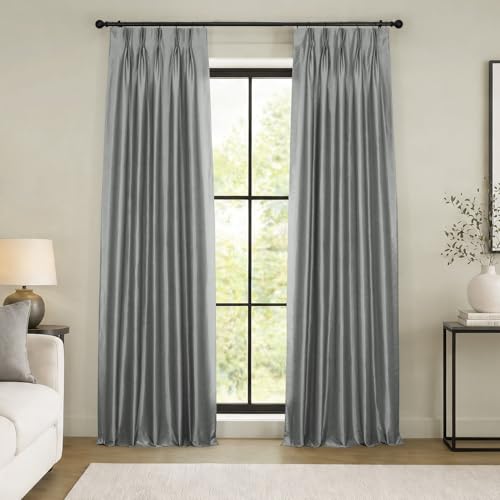 HPD Half Price Drapes Blackout Curtains for Bedroom Vintage Textured Faux Silk French Pleated Curtains for Living Room (1 Panel), 25 X 96, Storm Grey