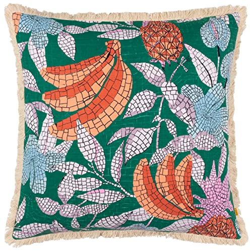 furn. Cypressa Polyester Filled Cushion – Mediterranean Floral Fruit Mosaic Tile Decorative Pillow (Teal – 50x50cm)