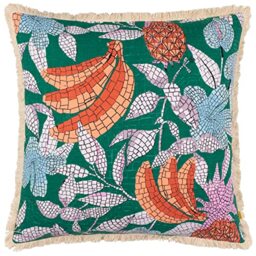 furn. Cypressa Polyester Filled Cushion – Mediterranean Floral Fruit Mosaic Tile Decorative Pillow (Teal – 50x50cm)