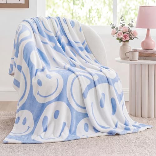 "Frienda Preppy Throw Blanket - Pink Smile Face Flannel Soft Plush Fuzzy Blanket - 50"" x 60"" Blue Distort Smile Face"