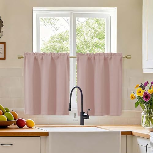 Simplebrand Blush Blackout Curtains 30 inch Length 2 Panels for Kitchen, Room Darkening Tiers Drapes with Rod Pocket, Blackout Thermal Insulating Small Curtain Tiers for Bathroom, 30W x 30L Inches