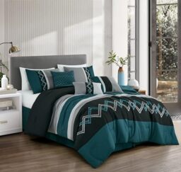 Chezmoi Collection Arden 7 Pieces Modern Pleated Striped Embroidered Zig Zag Duvet Cover Set (Queen, Teal/Black/Grey)