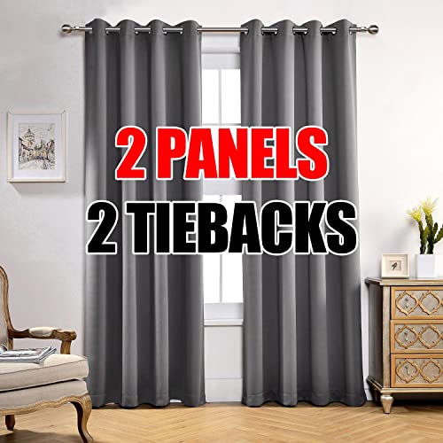 MIUCO Thermal Insulated Grommet Window Blackout Curtains Panels for Livingroom 1 Pair 52x84 Inch Grey, Bonus 2 Tie Backs Included