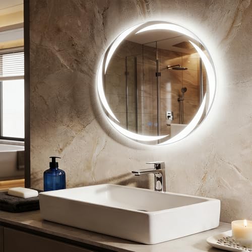 RELAX4LIFE Round Bathroom Mirror with LED Lights, 600/700mm Wall Mounted Vanity Mirror with Memory & 3 Colour Dimmable, Circle Anti-Fog Light Mirror for Living Room Bedroom Dressing Room (60 x 60cm)