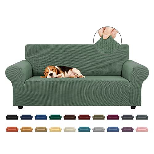 "KEKUOU Stretch Loveseat Sofa Cover Slipcover,Couch Covers for 2 Cushion Couch Sofa (55""-79"") Furniture Protector Sofa with Elastic Bottom for Kid,Dog. Jacquard Small Checked (Medium,Greyish Green)"