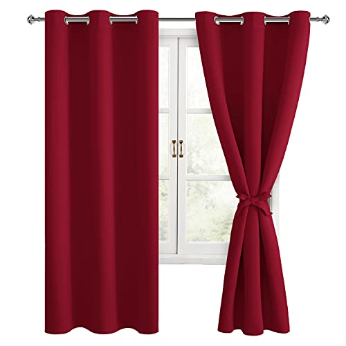 Hiasan Blackout Curtains for Bedroom and Living Room, Light Blocking, Noise Reducing Window Curtain Panels, Tiebacks Included, Set of 2, Grommet Top (Red, Width 38 Inch x Length 72 Inch)