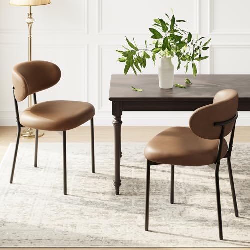 MALOL Dining Chairs Set of 2, PU Leather Chairs for Dining Room with Metal Legs & Curved Backrest & Thick Cushion, Upholstered Kitchen Chair with Anti-Slip Pads, Brown