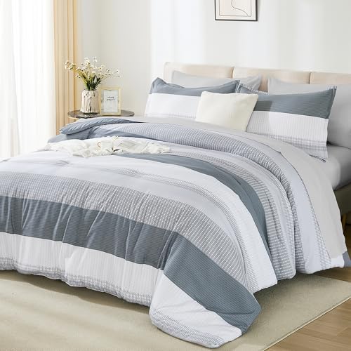 Andency King Size Comforter Set 7 Pieces - Light Grey Striped Lightweight Bed in a Bag, Soft Microfiber Farmhouse All Season Bedding Set with Comforter, Fitted & Flat Sheet, Pillowcases & Shams