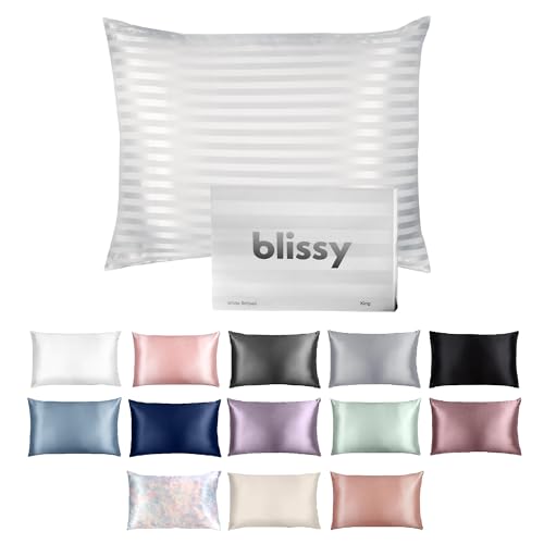 Blissy Silk Pillowcase - 100% Pure Mulberry Silk - 22 Momme 6A High-Grade Fibers - Silk Pillow Cover for Hair & Skin - Regular, Queen & King with Hidden Zipper (King, White Striped)
