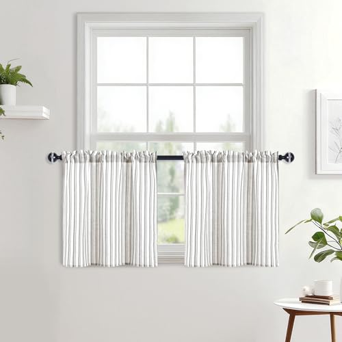 JIUZHEN Farmhouse Striped Linen Kitchen Curtains 2 Panels - Short Tier Drapes 24 Inch Length, Rod Pocket Rustic Window Treatment for Bathroom Living Room, Vertical Striped Grey