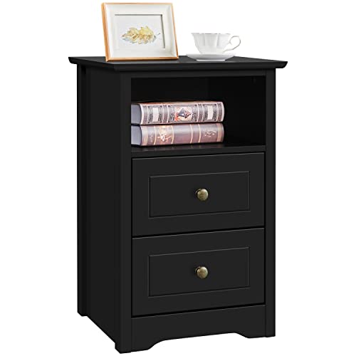 Yaheetech Bedside Table, Wooden Nightstand with 2 Storage Drawers, Open Compartment, Sturdy Modern Cabinet for Bedroom, Living Room, 35x40x60 cm, Black