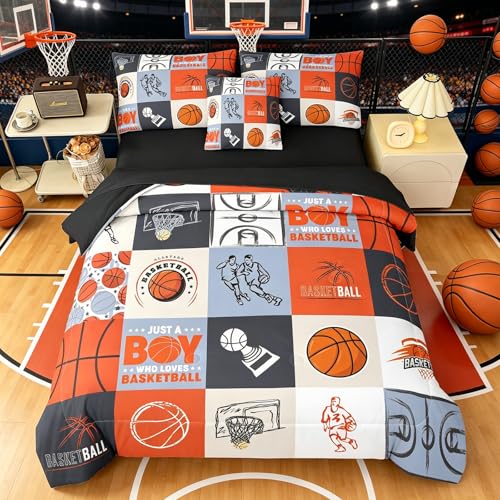 Peopleareok 6 Piece Basketball Comforter Set Queen, 3D Printed Basketball Theme Bedding Set, Soft Microfiber Comforter Set for Boys, Ball Sports Games Themed All Season