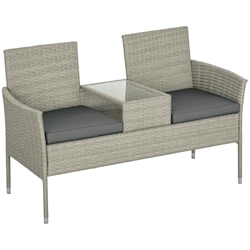 Outsunny 2 Seat Rattan Garden Bench, Patio Wicker Chair with Glass Tea Table, Outdoor Love Seat with Padded Cushions, for Garden, Porch, Mixed Grey/Grey