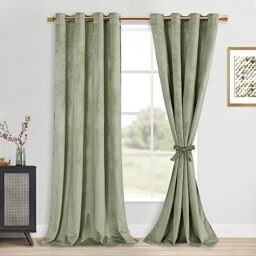 DWCN Light Sage Velvet Curtains 84 Inches Length with Tiebacks - Grommet Bundleable Window Treatments Room Darkening Privacy Protect Drapes for Bedroom Living Room Home Decor, W52 x L84, 2 Panels
