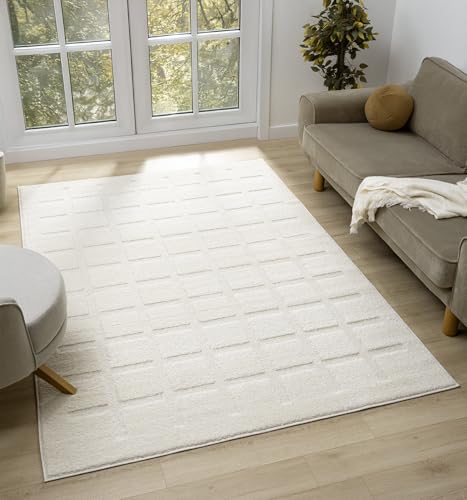 Aya Living Room Rug – Soft 12mm Cut-Shrink Pile, Non-Shedding, Jute Backing – Modern Wabi Sabi, Wave, Cubed, and Stripe inspired patterns – Indoor Area Rug, Cream, 200x290 cm