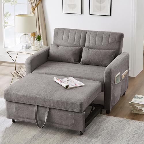 Ball & Cast Double Sofa Bed, 2 Seater Sofa Bed Double with Adjustable Backrest & Side Pockets, Pull Out Convertible Sofa Bed 112x169cm, Linen Foam Guest Bed for Living Room Small Spaces, Dark Gray