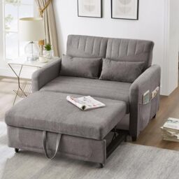 Ball & Cast Double Sofa Bed, 2 Seater Sofa Bed Double with Adjustable Backrest & Side Pockets, Pull Out Convertible Sofa Bed 112x169cm, Linen Foam Guest Bed for Living Room Small Spaces, Dark Gray