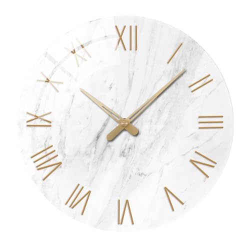 Constantplanet White Glass Wall Clocks Battery Operated - Marble Analog Clock for Bathroom 12 Inch - Round Silent Wall Clock Non Ticking