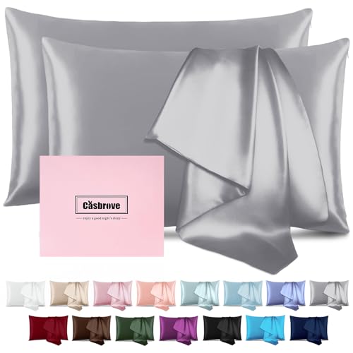 Silk Pillow Cases 2 Pack Mulberry Silk Pillowcases Soft Breathable Both Sided Natural Silk Pillowcase with Zipper Beauty Sleep Pillow Cases for Gift(King,Silver Gray)