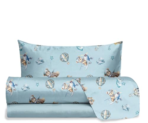 Hermet Jolly Teddy Bear Bedding Set Single Bed Light Blue, 100% Cotton, Top Sheet + Fitted Sheet + Pillowcase, Teddy Bear Bedding Set for Bedroom