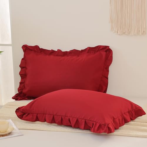 Burgundy Pillow Shams Cute Ruffle Standard Pillowcases Solid Pillow Cover Set of 2 Shabby Chic Soft Red Pillowcases 2 Pack (Queen (20''x30''), Burgundy)
