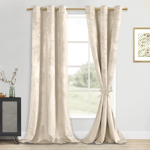 DWCN Velvet Curtains - Room Darkening Light Blocking Window Drapes for Bedroom, Living Room, Tieable Solid Grommet Curtains & Drapes Set of 2, 42 Wide by 96 inches Length, Beige