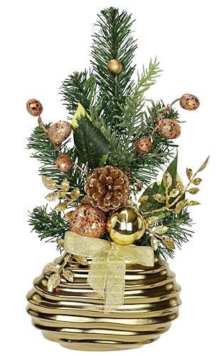 Flair Flower Berries Cones Tree Baubles Branches fir in vase Winter Poinsettia Arrangement Table Decoration Artificial conifers Christmas Flowers, Plastic Ceramic, Gold, 34x19x6 cm