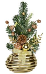 Flair Flower Berries Cones Tree Baubles Branches fir in vase Winter Poinsettia Arrangement Table Decoration Artificial conifers Christmas Flowers, Plastic Ceramic, Gold, 34x19x6 cm