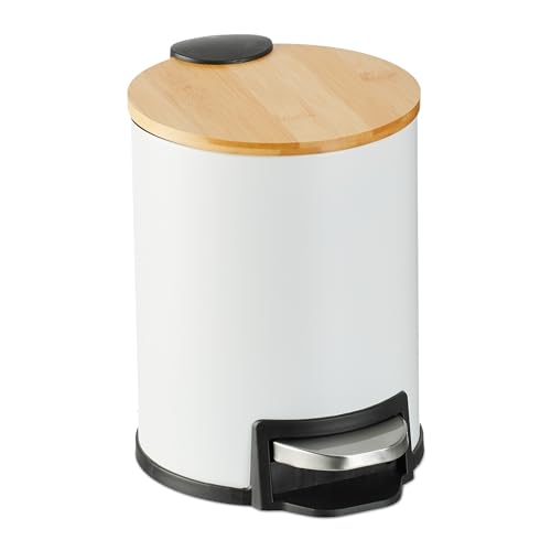 Relaxdays Step Pedal Bin, 3 Litre, Soft-close Mechanism, Removable Inside, Bathroom Cosmetic Waste, Metal, Bamboo, White, Iron, 22.5 x 17 x 23 cm