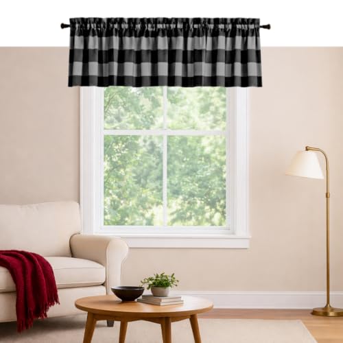 Softopia Cotton Buffalo Check Rod Pocket Window Valance Curtains 2 Pack, 54x18 Inch Farmhouse Panels for Kitchen, Dining, Living Room, Bathroom, Country Style Home D??cor, Light Grey & Black