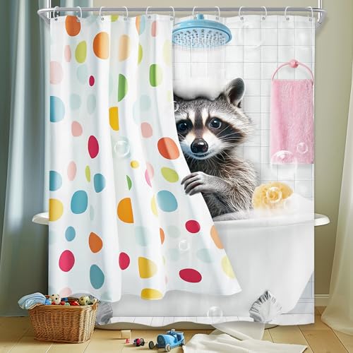 "Raccoon Kids Colorful Polka Dot Animal Bathroom Shower Curtain Set - 60""W x 72""L shower curtain??? Cartoon Pet: HD waterproof print, quick-dry cloth, free hooks for easy installation."