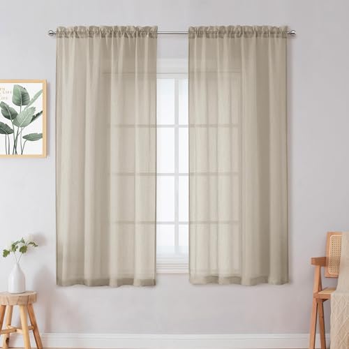 Chyhomenyc Crushed Sheer Taupe Curtains 63 Inch Length 2 Panels, Light Filtering Solid Crinkle Voile Lightweight Textured Sheer Curtian for Bedroom Bathroom, Each 42Wx63L Inches
