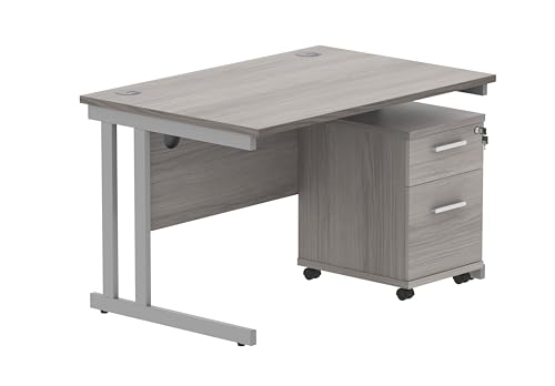Office Hippo Heavy Duty Contract Grade Office Desk Workstation and Lockable 2-Drawer Pedestal Set, 120kg Weight Tolerance, 5-Year Warranty, FSC Certified, Alaskan Grey Oak, Silver Legs, 1200 x 800mm