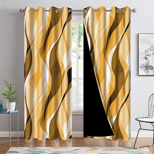 DORCEV Yellow Wave Lines Blackout Curtains Abstract Art Aesthetic Gradient Brown Geometric Window Curtains Thermal Insulated Room Darkening Window Treatments Kitchen Curtains,26x84 inch,2 Panels