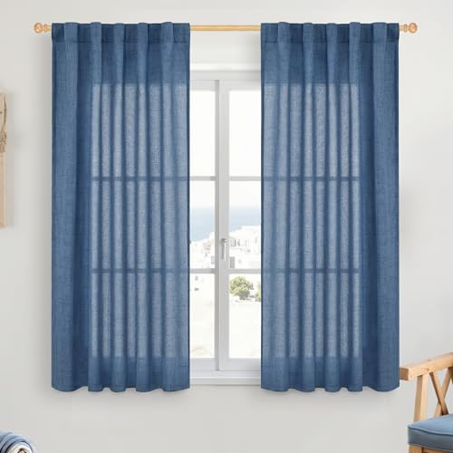 YoungsTex Navy Blue Linen Curtains 45 Inch Length, Short Semi Sheer Drapes with Rod Pocket Back Tab Light Filtering Privacy for Bathroom Living Room Window, 2 Panels, 42 X 45 Inch