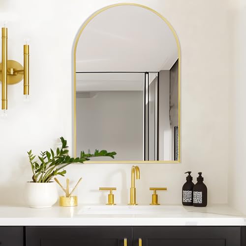 "Minuover 24"" x 32"" Gold Arched Mirror, Arch Wall Mirror, Metal Frame Black Bathroom Mirror, Arched Top Bathroom Vanity Mirror for Living Room, Bedroom, Entryway, Tempered Glass, Shatter Proof"