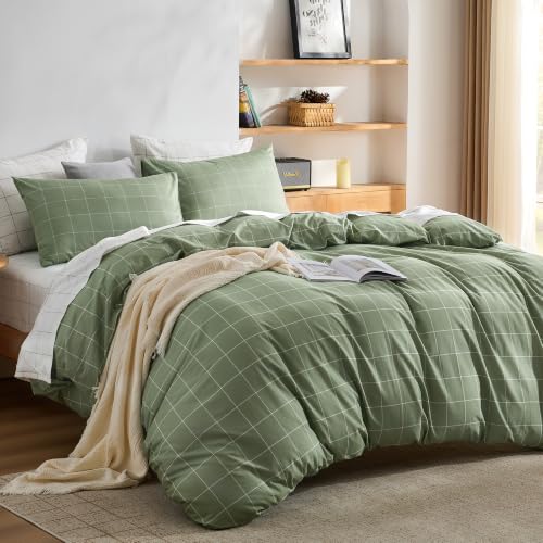 JELLYMONI 100% Cotton Plaid Queen Duvet Cover Set, Green - Breathable and Soft, Dense Twill Weave, Versatile Gingham Design, 8 Corner Ties & Double Hidden Zipper