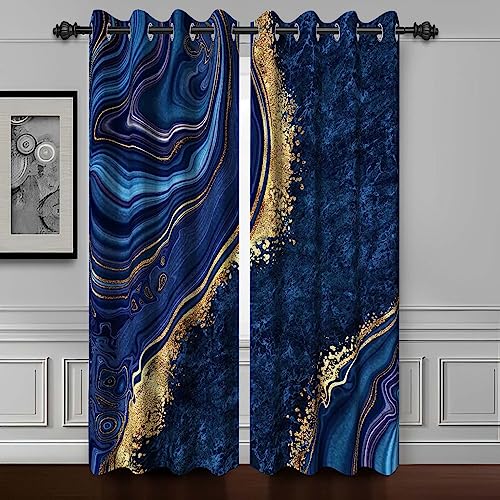 Baocicco Navy Blue Gold Marble Blackout Window Curtains for Bedroom Living Room - Art Liquid Golden Texture Drapes, Blue Wavy Luxury Design, Grommets, 2 Panels 53x72 Inch