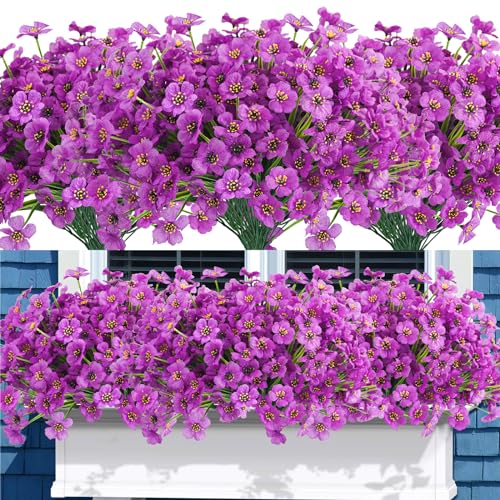 Uieke Artificial Fake Flowers, 16 Bundles Outdoor UV Resistant Greenery Shrubs Plastic Plants Floral Arrangements Indoor Outside Hanging Planter Home Garden Porch Window Box D??cor (Violet Purple)