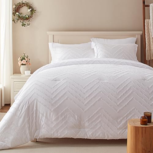 Anluoer King Comforter Set, White Tufted Bed in a Bag 7 Pieces with comforters and Sheets, All Season Bedding Sets with 1 Comforter, 2 PillowShams, 2 Pillowcases, 1 Flat Sheet, 1 Fitted Sheet