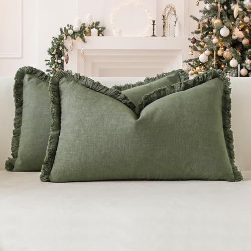 OTOSTAR Set of 2 Linen Fringe Decorative Throw Pillow Covers 12x20 Inch Soft Lumbar Cushion Cover with Tassels Farmhouse Home Decor Accent Pillowcase for Sofa Couch Patio Bed Living Room, Olive Green
