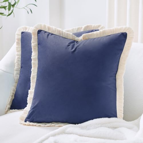 MONDAY MOOSE Decorative Throw Pillow Covers Cushion Cases, Set of 2 Soft Velvet Modern Fringe Tassel Designs, Mix and Match for Home Decor, Pillow Inserts Not Included (Midnight Blue, 16x16 inch)